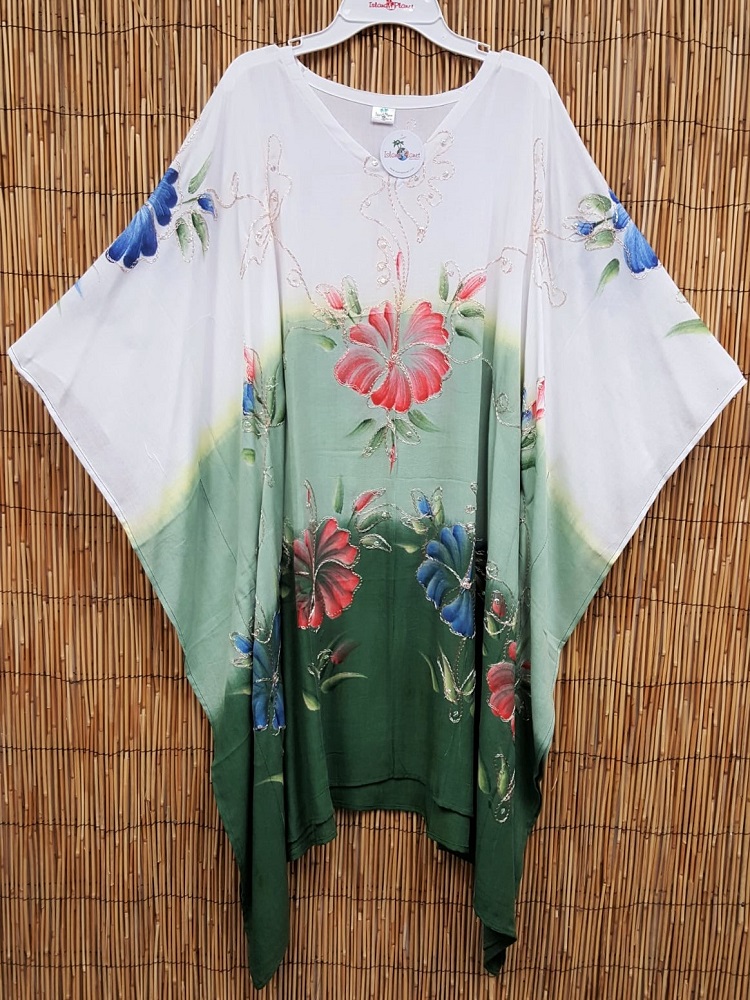Soft white rayon is dip dyed in ombre shades of Forest Green to the hem, handpainted with flowers, embroidered and sequinned!  The yoke remains white to illuminate the face!<br /><br class=